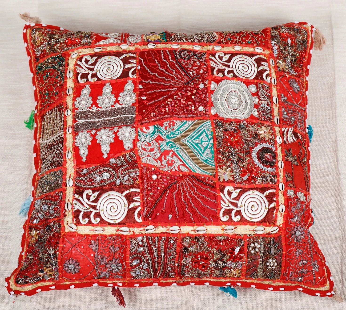 Indian Handmade Pillow Cover Vintage Patchwork Cushion Cover Traditional Pillow Case Tasseled Embroidered Cushion Cover