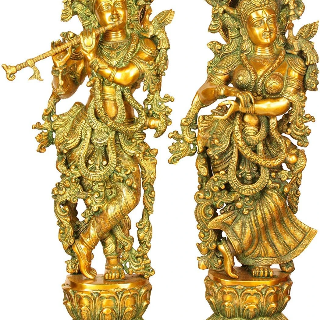 
Large Radha Krishna Statue Idol Brass with Turquoise Work Hindu Sculpture Figurine 