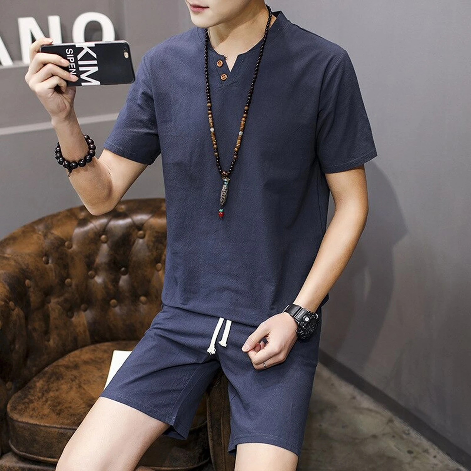 
Men T-shirt Shorts Set Linen Male Shirt Short Sleeve Shorts Two Piece Set Tracksuit Summer Comfort 