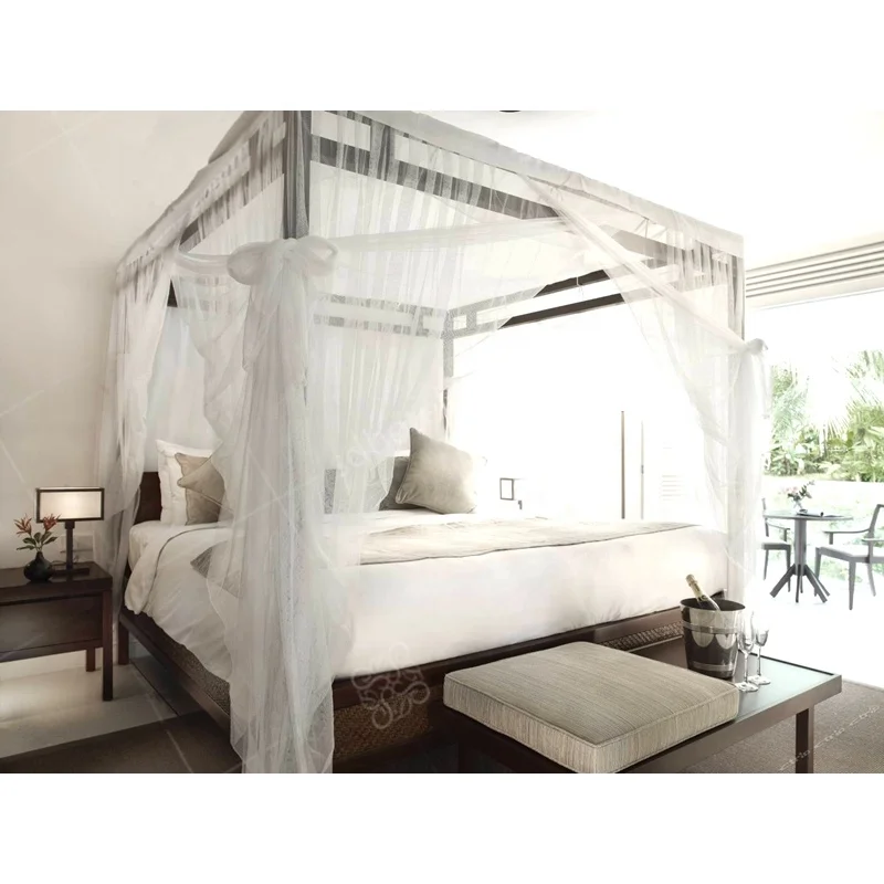 2021 Customized Wooden Hotel Furniture Bed Room Sets 4 Poster Timber Canopy Bed