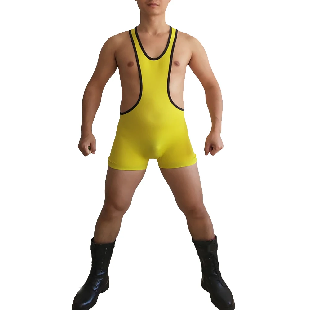 Men Solid Low Cut Wrestling Singlet Skinny Power Lifting Tights Tank Top Shorts Weight Lifting One-Piece Singlets