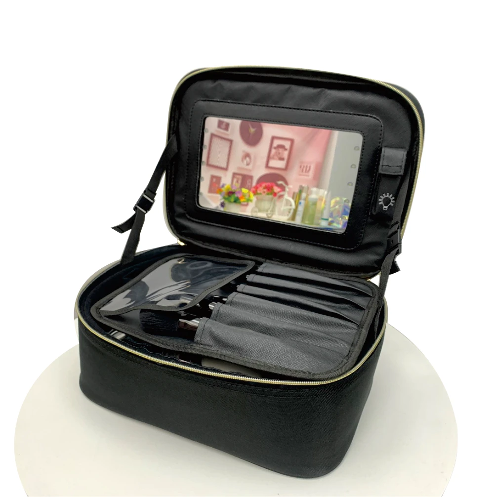 Wholesale Custom LOGO Travel toiletry  polyester / PU  Cosmetic Makeup Bag with white LED Mirror