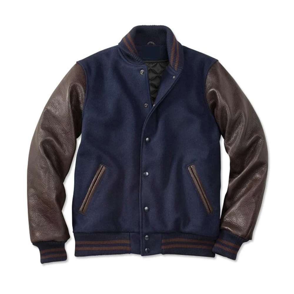Royal Blue Wool Body Varsity Jacket MSWVJ078 with Dark Brown Milled Cow Hide Leather Sleeves