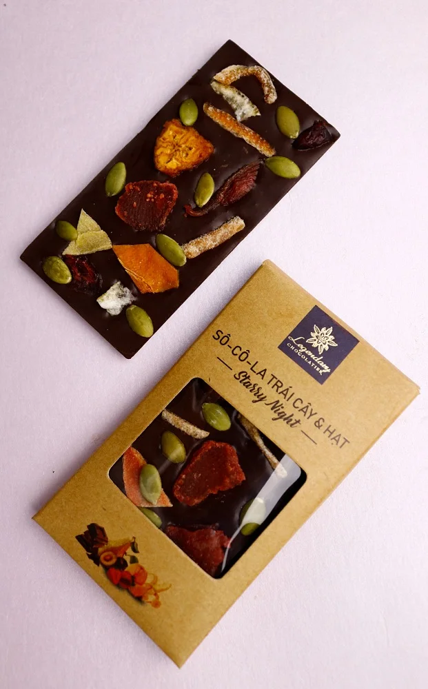 Chocolate bar box minibar 27g Fruits and Nuts from Viet Nam by Legendary Chocolatier TEA MATCHA green and blacks chocolate