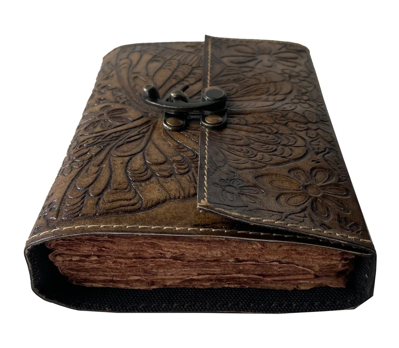 Handmade Leather Journal Vintage Butterfly Flower Embossed Deckle Edge Paper Writing Diary Office Notebook Handbook Sketchbook
