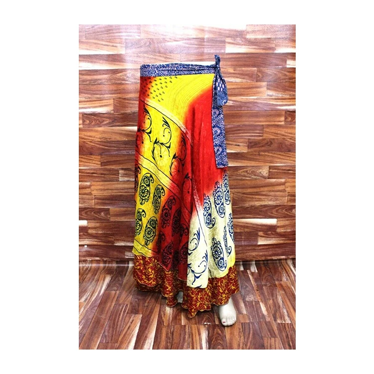 Women Indian Vintage Recycled Silk Sari Skirt Long Floral Printed Wrap Around Skirts with Belt in Beautiful Colors and Designs