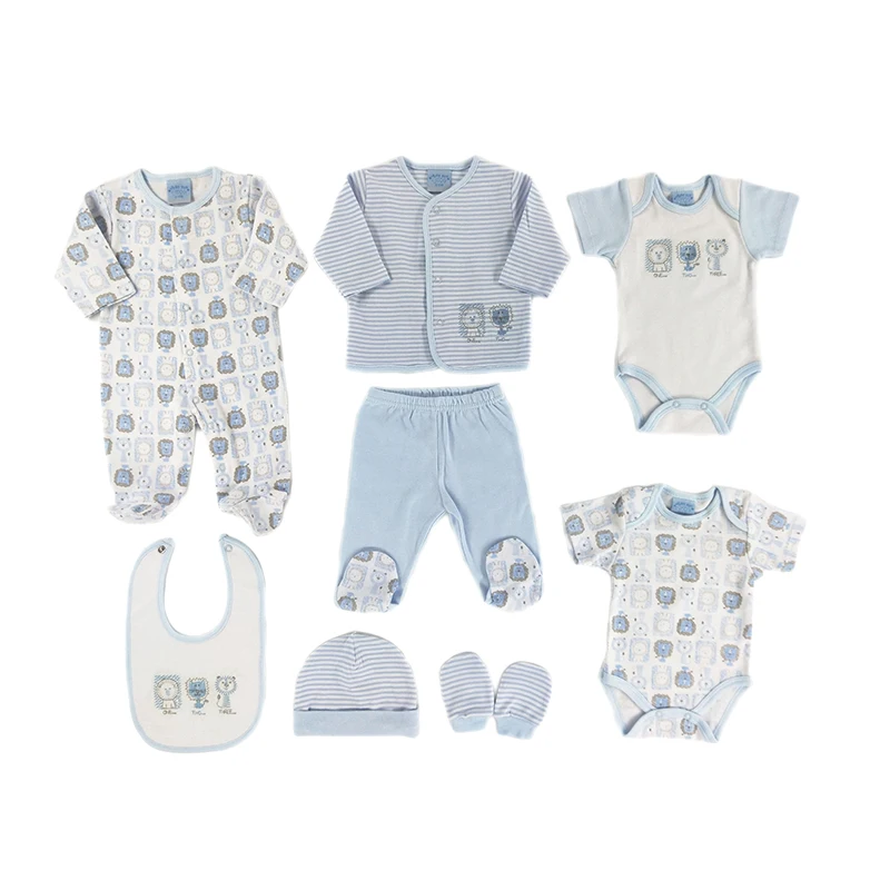 High Quality Cotton Layette Baby Clothes 8 PCS Set with bodysuit, Hat, Glove, shoes, and Bib