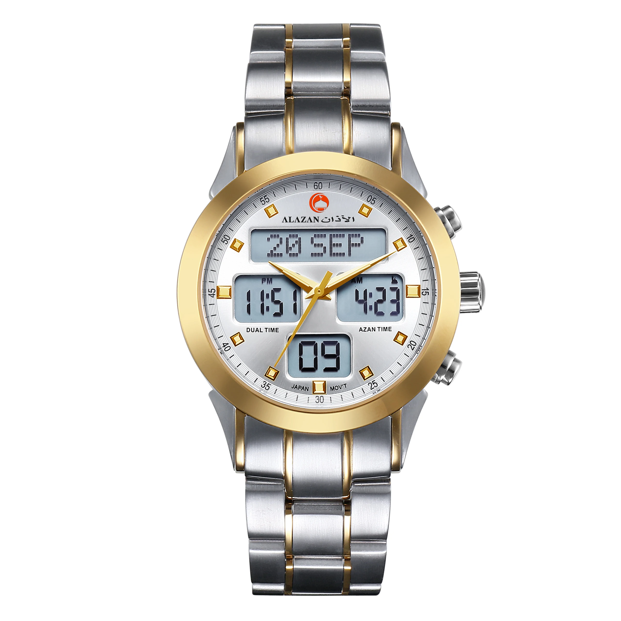 alazan Islamic muslim azan time alfajr Stainless steel prayer qibla compass function waterproof clock summon wrist watches