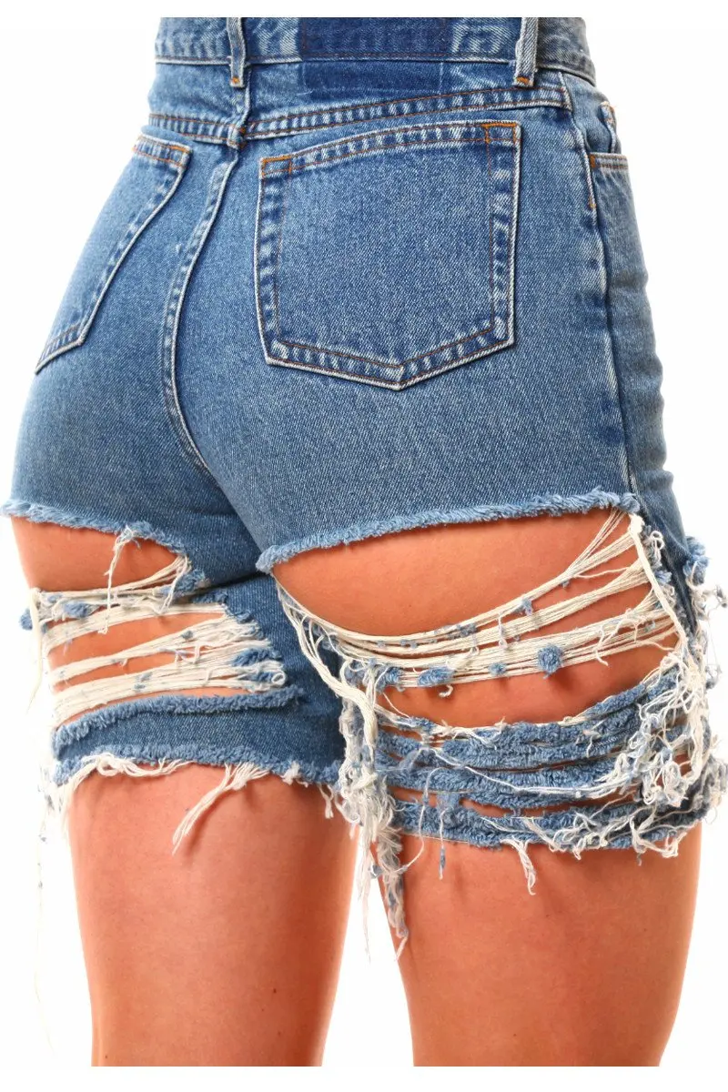 
Custom Women Extremely frayed beyond Distressed Denim shorts with graphic patches Denim Shorts Stone Wash Jeans 