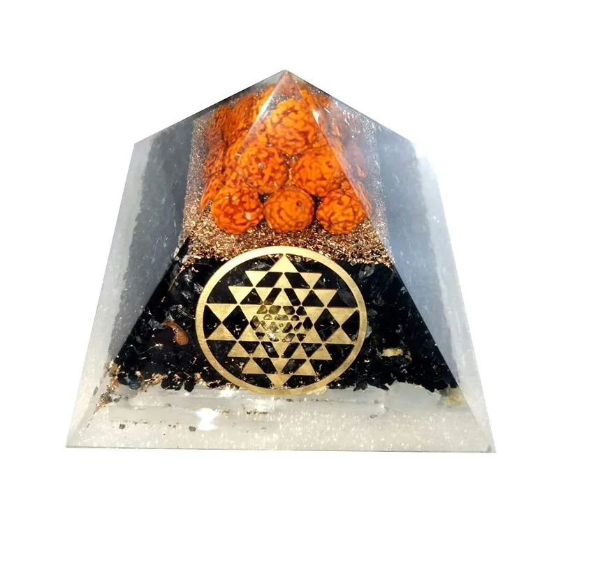 Beautiful Rudraksh And Black Tourmaline Crown Orgone Pyramid With Chakra Protection symbol Orgonite EMF Protection Pyramid