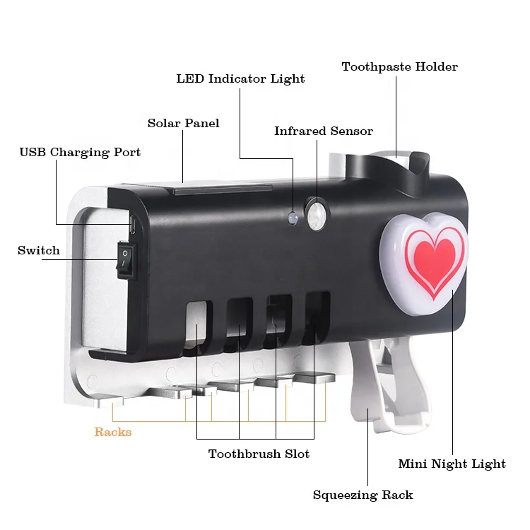 Disinfection 99.99% Sterilization Rateportable UV Toothbrush Sterilizer With Toothpaste Squeezer Holder