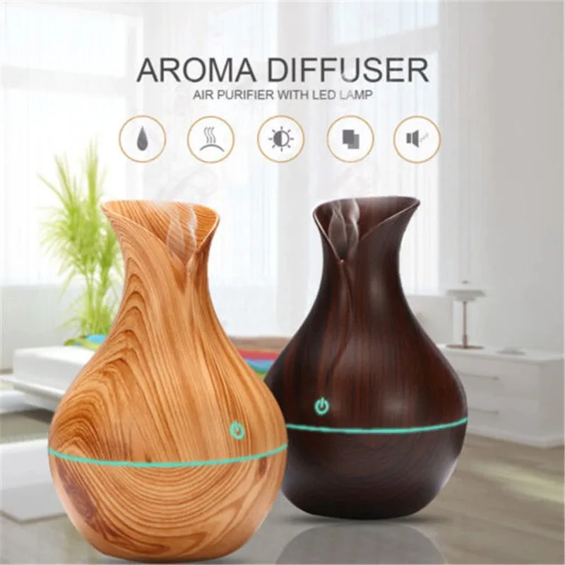 Essential Oil Diffuser with LED Night Light Ultrasonic Aromatherapy Humidifier Vase Shape Wood Grain Appearance