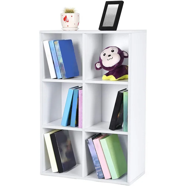 VASAGLE LBC203D White Wooden 3-Tier Bookcase Book Shelf Display Storage Shelf with 6 Compartments