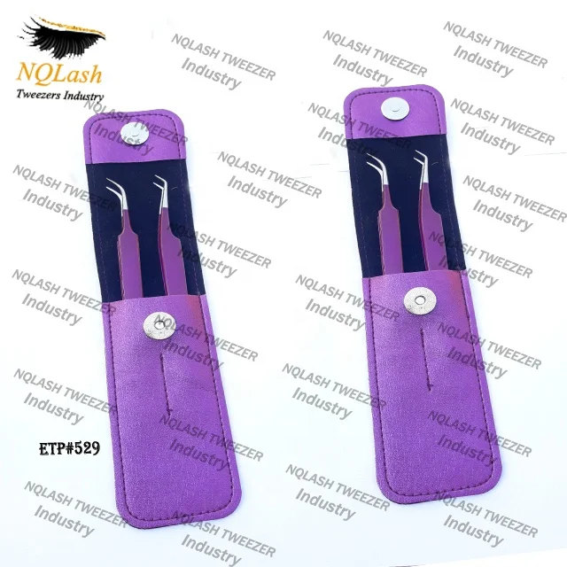 3 Piece Black Purple Magnetic Kit Eyelash Extension Tweezers Set / Custom logo Eyelash Tweezers Case NQ Lash Tweezers