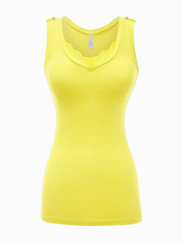  Женская хлопковая эластичная повседневная майка без рукавов OEM Базовая для фитнеса с V-образным вырезом кружевные Дешевые топы женские элегантные желтые Топы