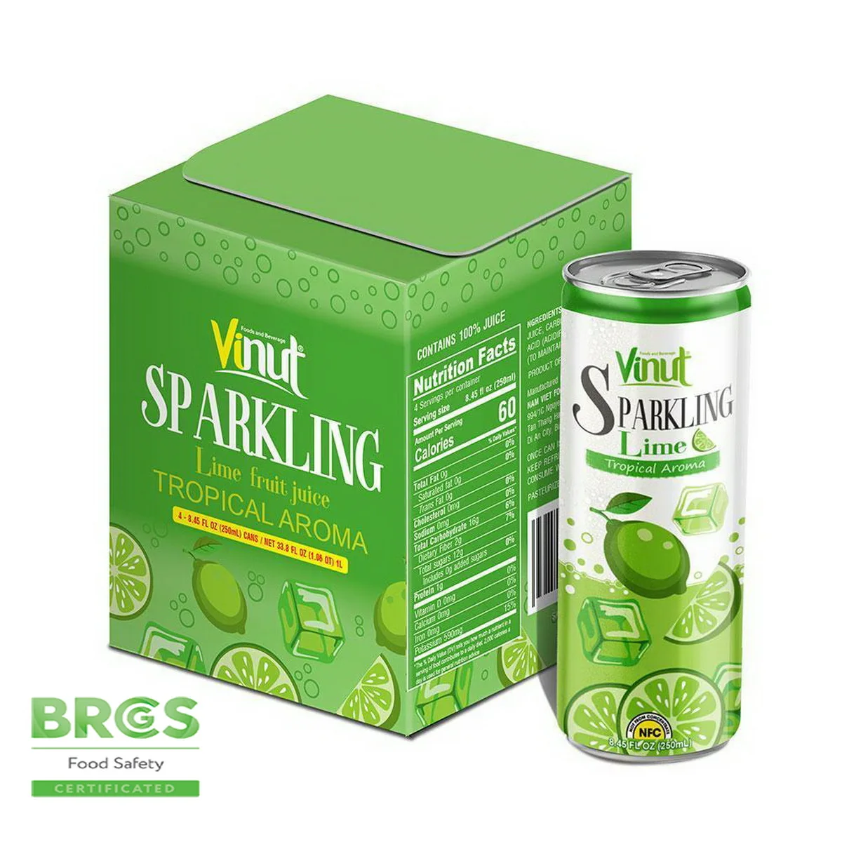 
Box 4 cans 8.45 fl oz VINUT Tropical Aroma Lime Sparkling water ODM energy 