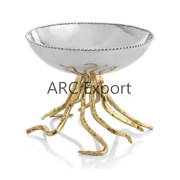 Modern Design Tableware Serving Bowl Dry Fruits Dates Sweet Serving Bowl Oval Shape Flower Metal Leaf Handle Serving Bowls