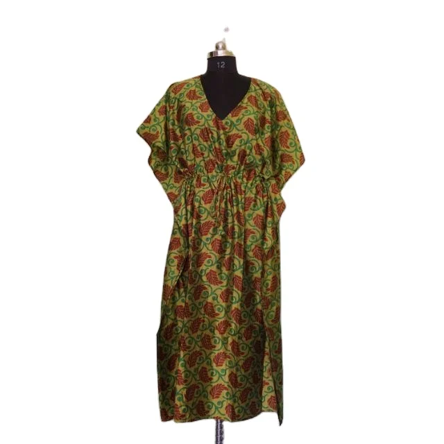 Women Night Wear Caftan Vintage Silk Sari Bathrobe Soft Silk Dress Home Wear Comfortable Maxi Dress Bridal Robe Beach Cover Up