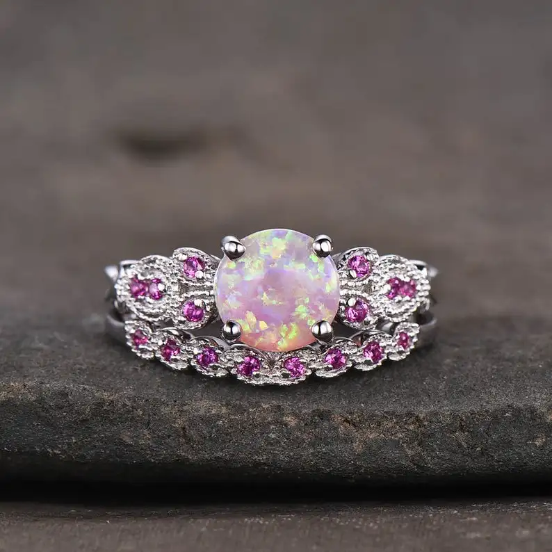 Pink Fire Opal Engagement Ring  Antique Wedding Ring Set 925 Sterling Silver Ruby Wedding Band Bridal Set Handmade Jewellery