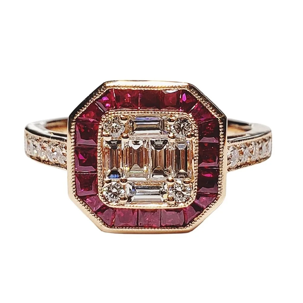 Ruby Gemstone Ring Square Design 18k Solid Rose Gold Real Baguette Cluster Diamond Princess Ruby Cluster Ring For Favorites