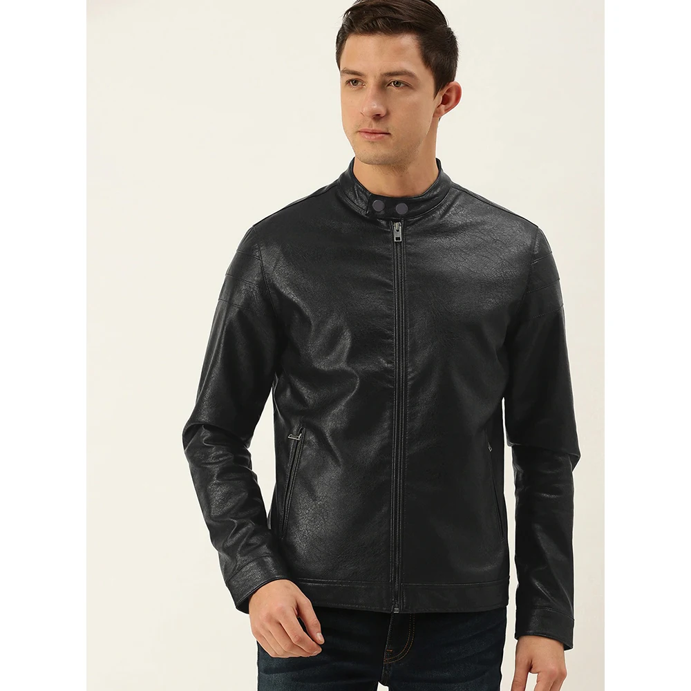 Causal Men New Stylish Solid Black High Quality Zipper New Design Winter Full Sleeved Out Door  Leather Jacket For Men