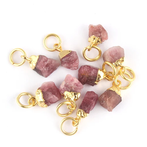 Raw pink Tourmaline Gemstone Connector Gold Electroplating Charms Connector Birthstone 8 -10mm Designer Findings Pendant