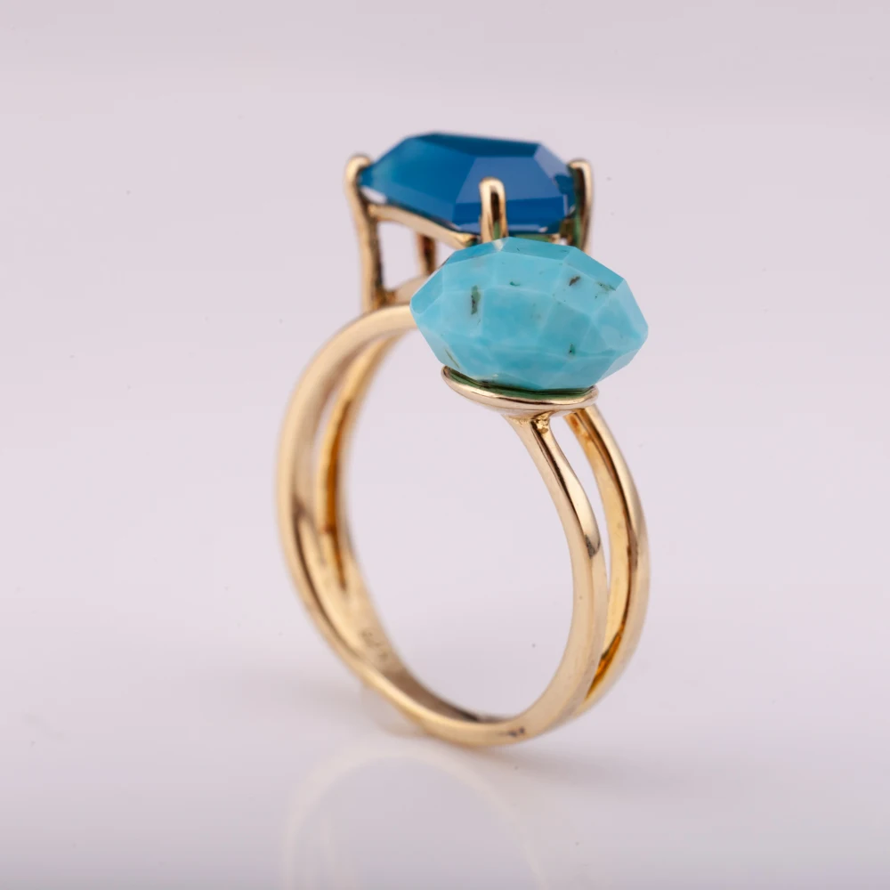 14K gold plated silver 925 ring with natural turquoise and lapis high quality factory price  from Thailand Manufacturer