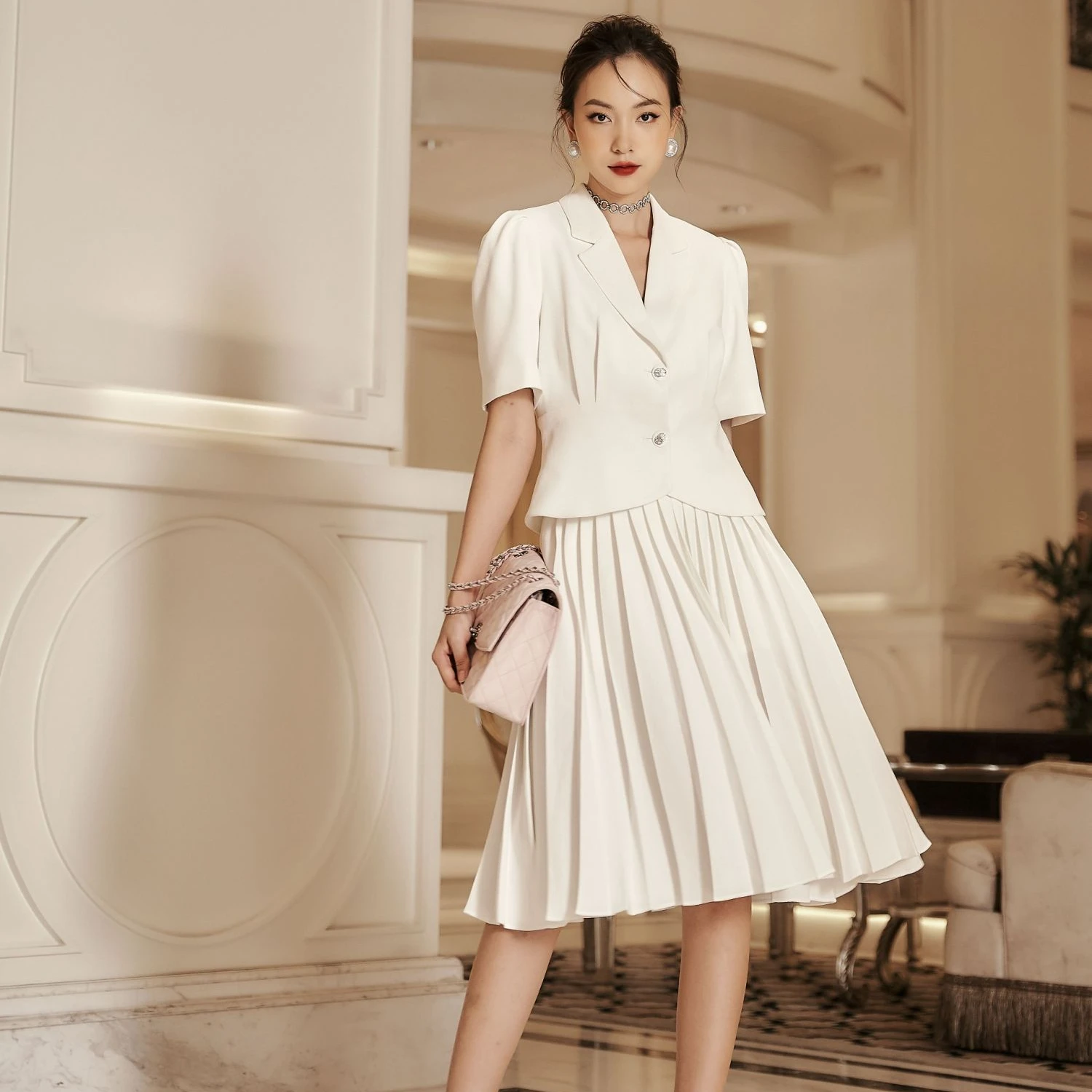 Trending Autumn and Spring  Pleated V Line  Long  White Skirt Lady Office Dresses