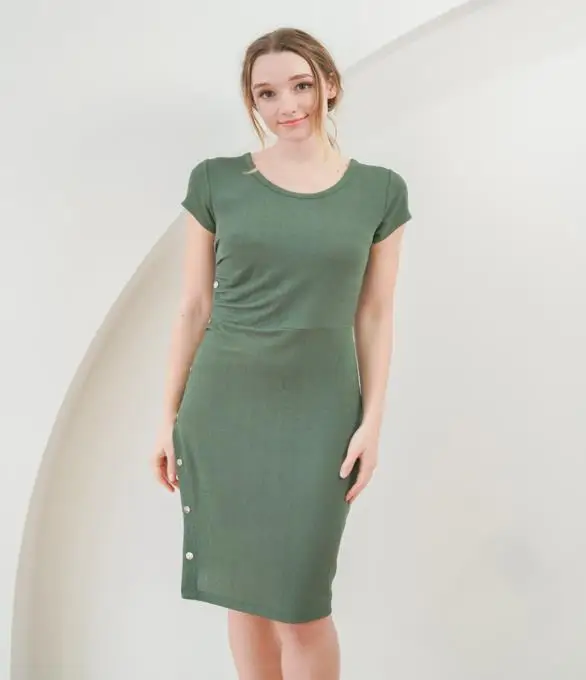 Latest Hot Style Women Dress Ladies Casual Roched Split Button Dress