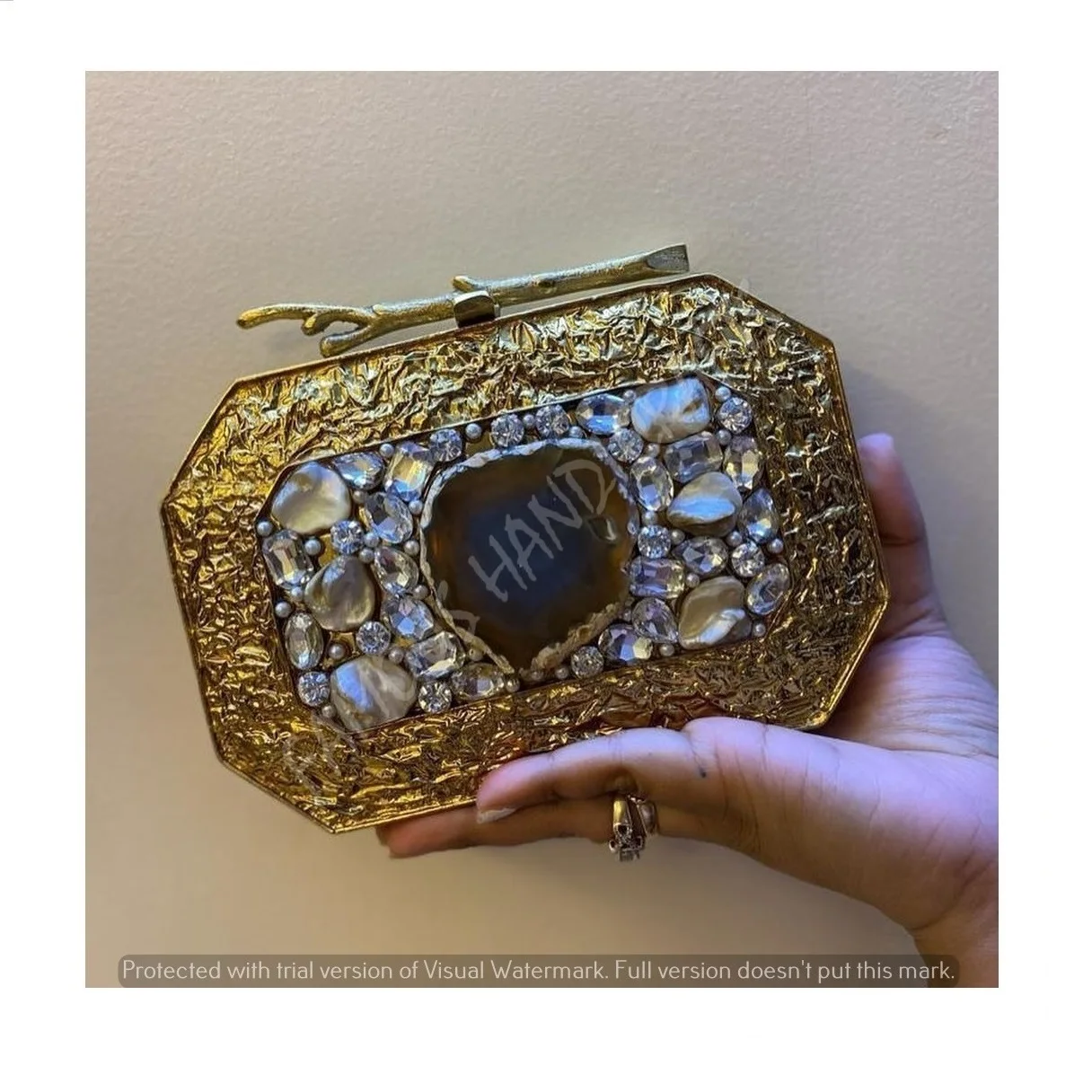Top Selling Brass Embellished Clutch Mother Of Pearl Handcrafted, Handmade Designer Luxury Handbag from India