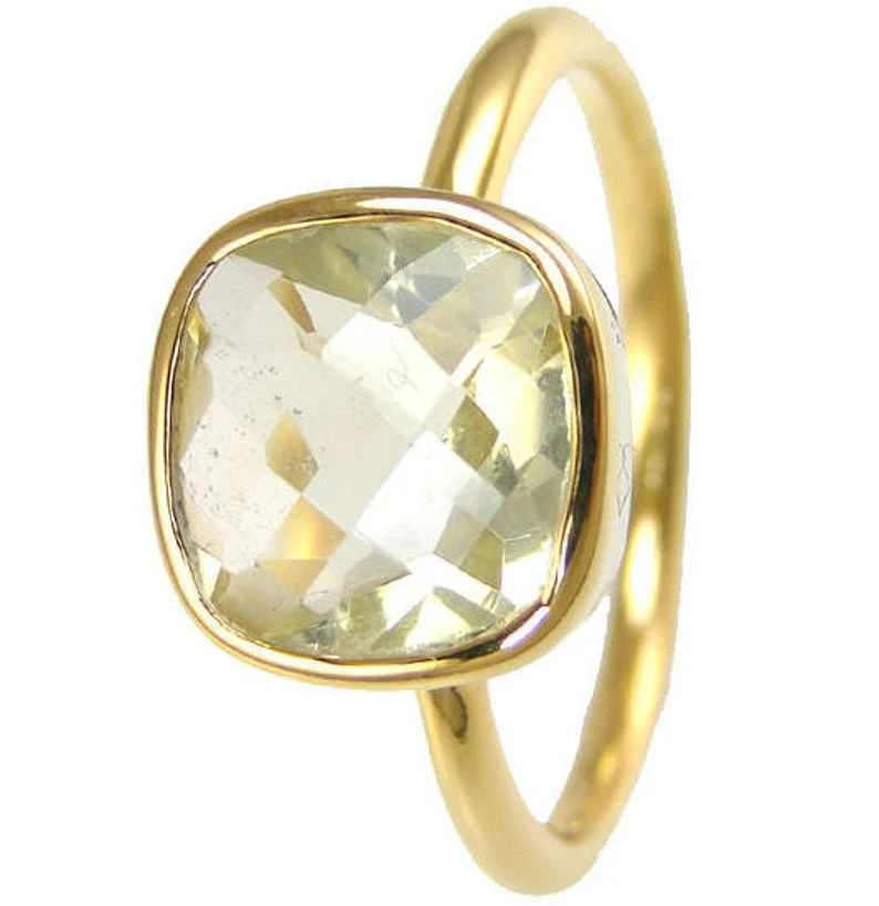 Premium Quality Lemon Quartz Cushion Cut Gems Ring 12 mm in Size Silver Gold Plated Bezel Setting Reasonable Price