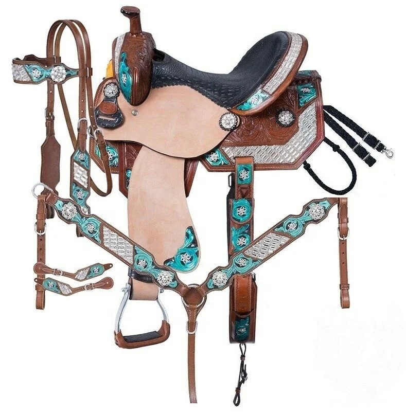 Manaal Enterprises Premium Leather Western Barrel Racing Adult Horse Saddle Get Headstall, Breast Collar, & Reins, Size 14 to 18