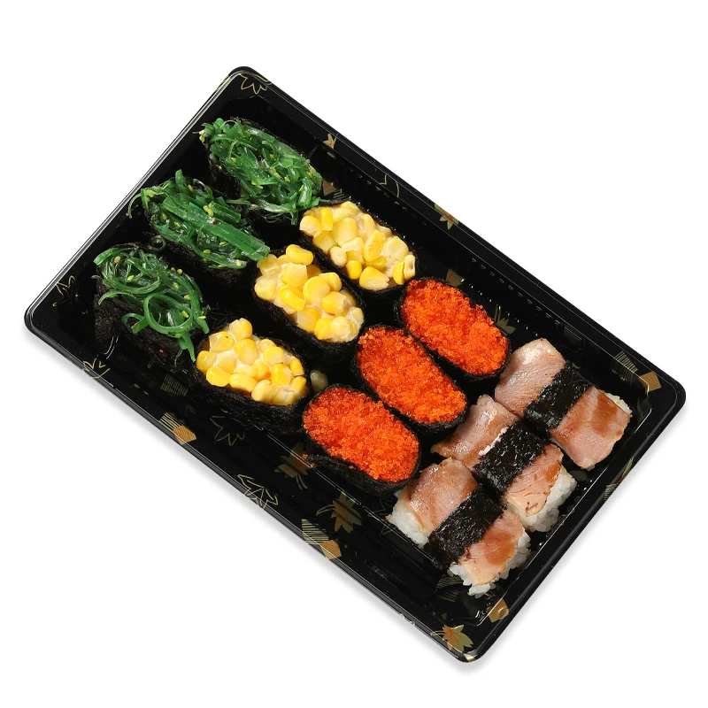 Wholesaler plastic sushi box container serving Japanese sushi tray with lid to go packaging