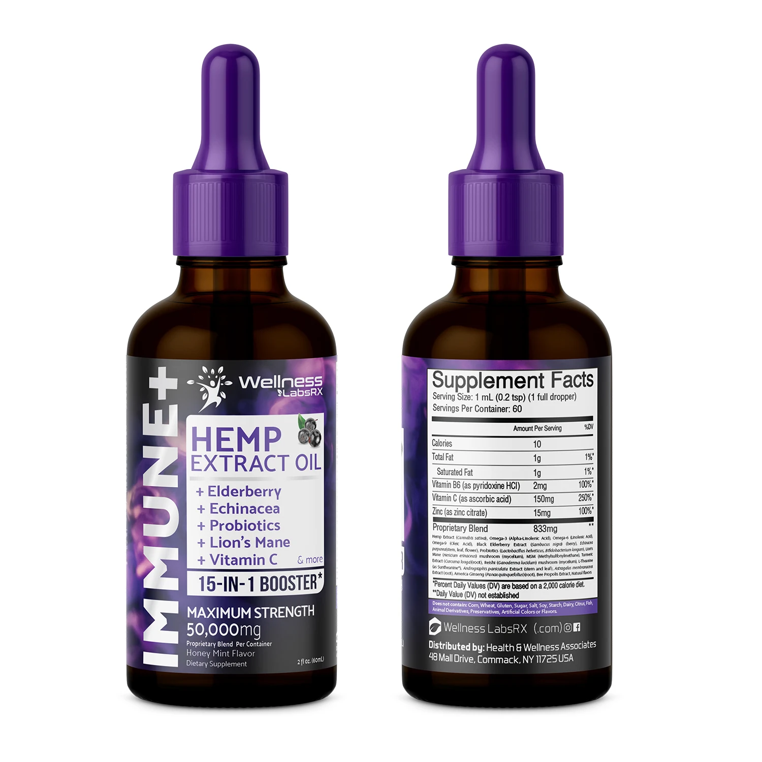 
Hemp Oil Extract Tincture Drops for Cold, Flu, Immune Support with Elderberrry, Echinacea, Probiotics, Zinc, Vitamin C 