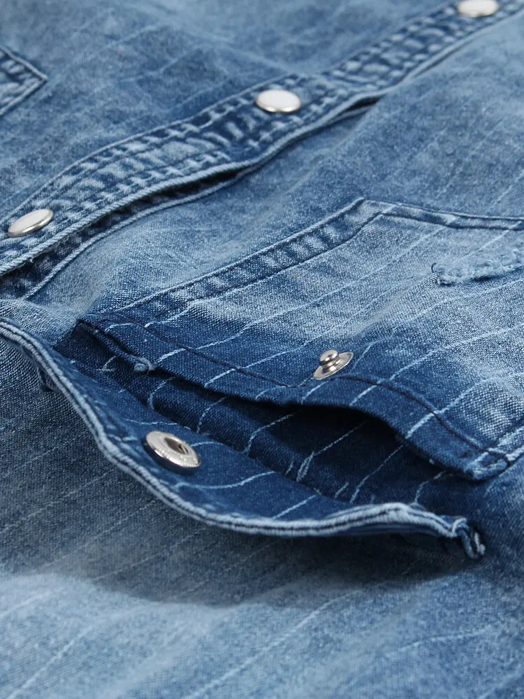 Custom Made 100% Cotton Men Business Casual Denim Single Breasted Striped Long Sleeve Shirt