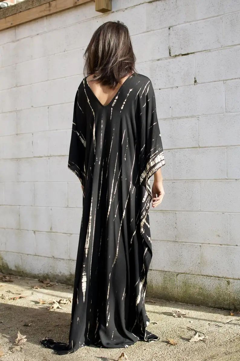 Tie Dye Kaftan Free Size Beachwear Women Dress Full Casual Dresses Trendy Adult Loose Support Tie Dye Color Blocking Rayon Dress