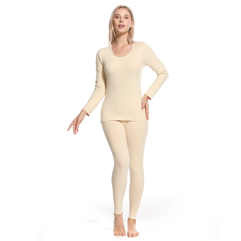 Двухстороннее флисовое длинное термобелье, комплект женского нижнего белья, нижнее белье, длинные кальсоны бежевого цвета