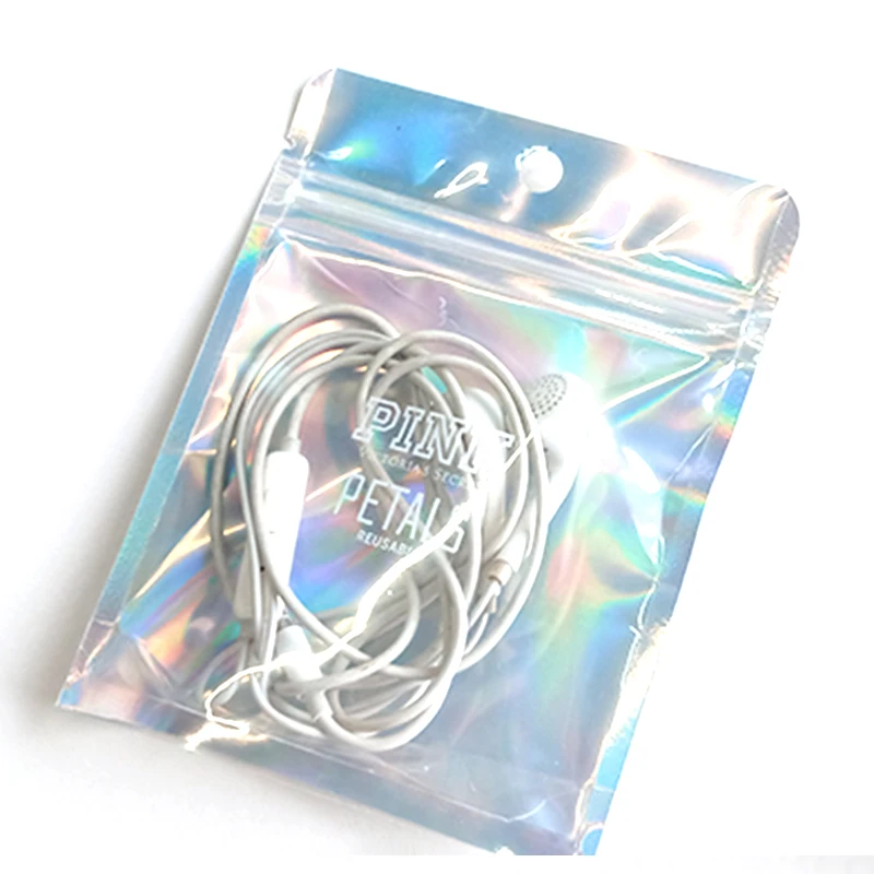 Упаковка для ювелирных изделий на заказ с логотипом, сумка для висячих сережек, пакет из полиэстера, голографический прозрачный стоячий мешок с передним дисплеем