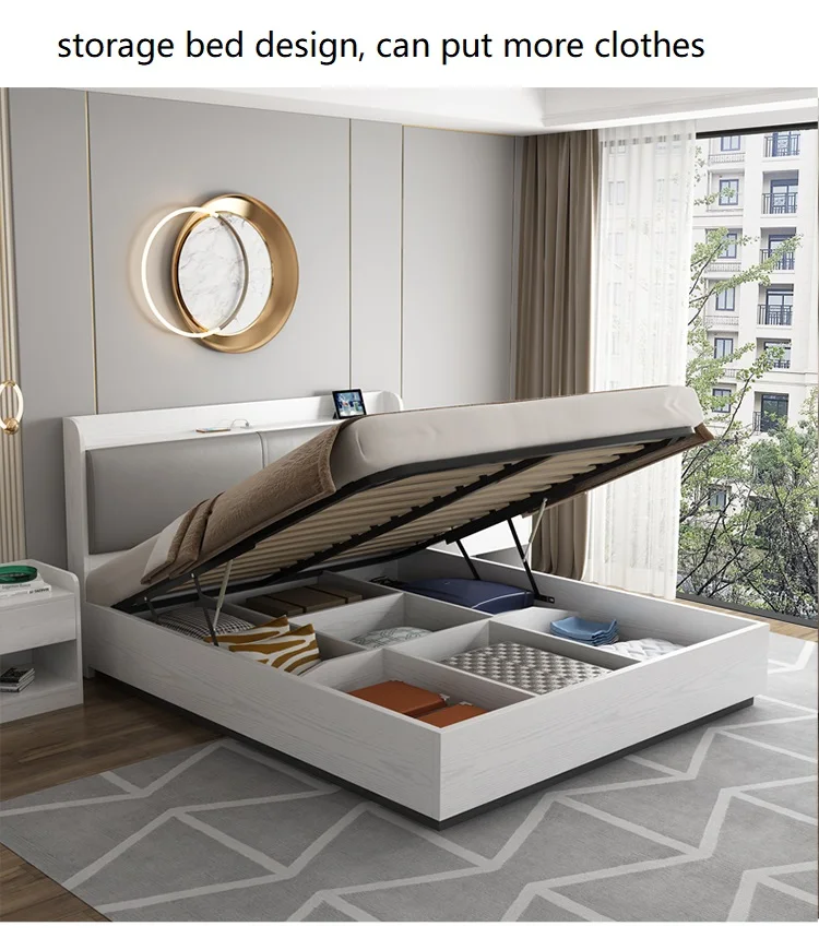 Multi function nordic style storage white bed for bedroom furniture