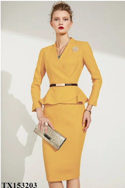New Collection Winter Office Set For Lady Green Yellow Color Size Customized Skirt and Blouse with belt
