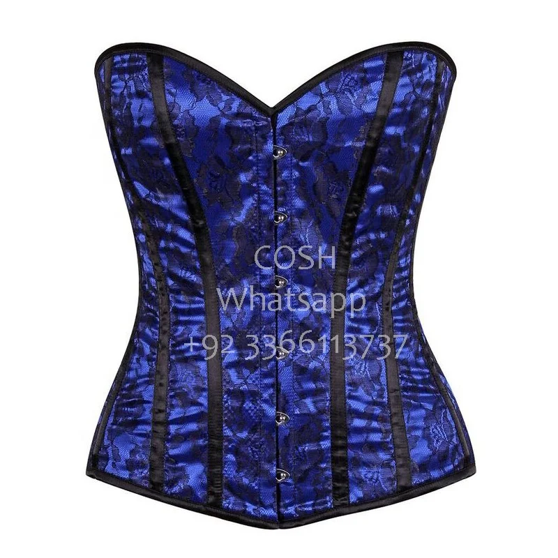 COSH CORSET Overbust Steel Boned Blue Satin With Black Over Lay Lace Corset Vendors Plus Size Sexy Women Heavy Duty Corset