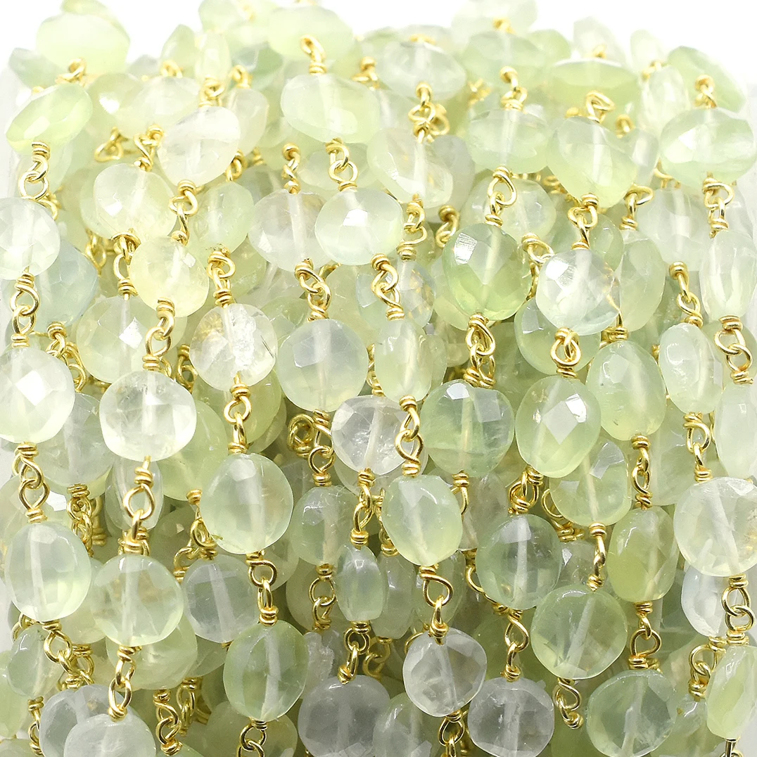 Prehnite Coin Shape Sterling Silver Gold Plated Rosary Wire Wrap Chain For Jewelry Making.