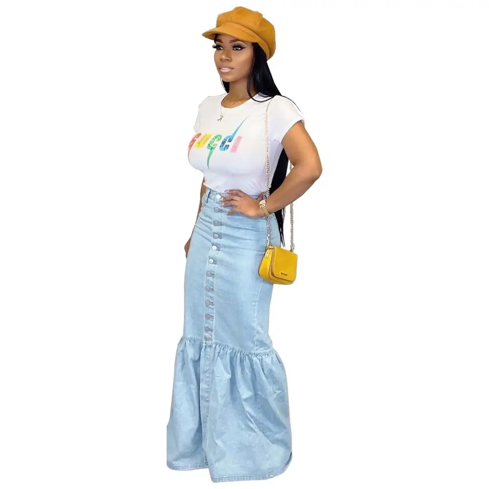 Best seller high waist button splicing maxi bud ladies clothing fashion woman denim skirt