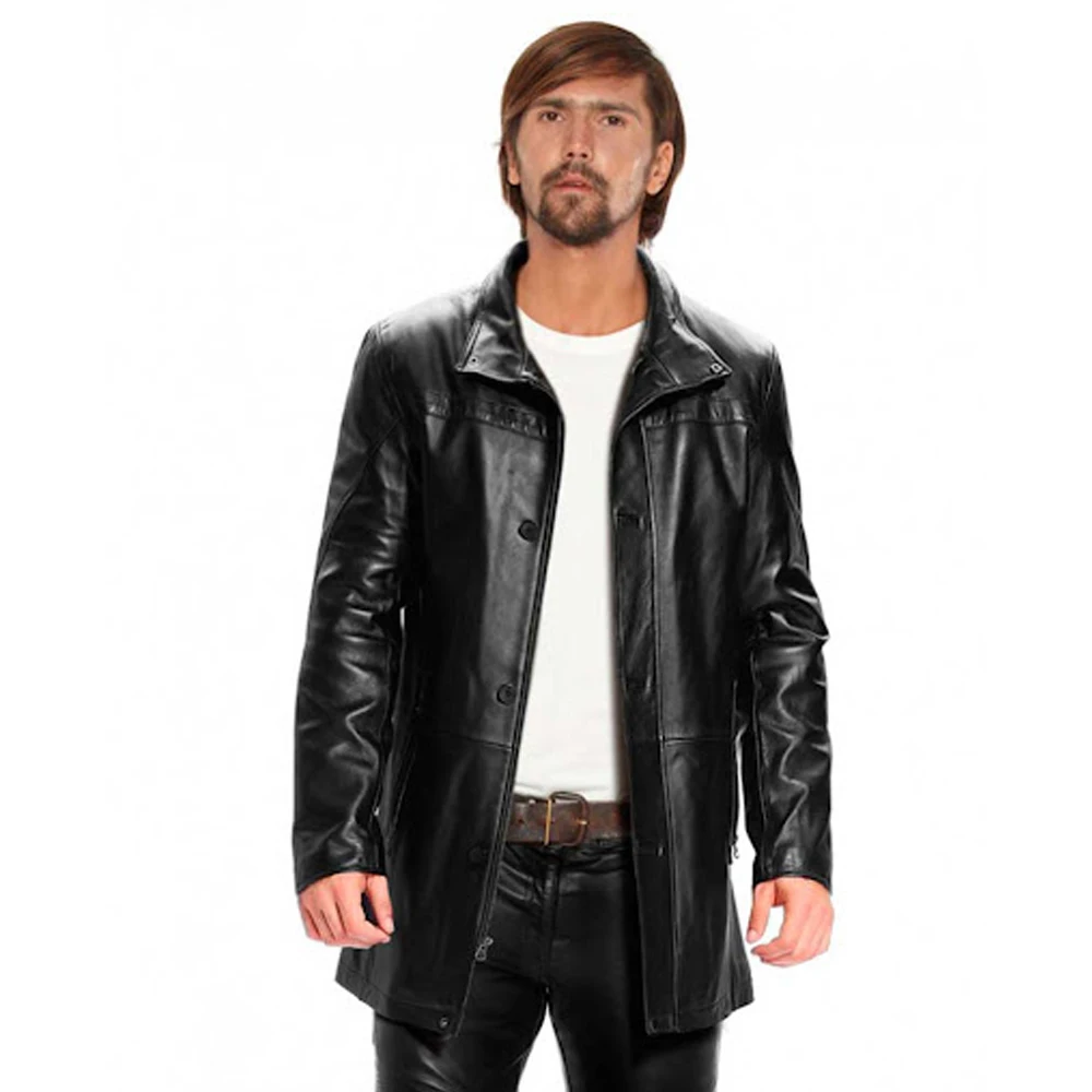 Mens Black Leather Jacket Distressed Leather Trench Coat Hip height Long Coat Three Quarter Long Coat