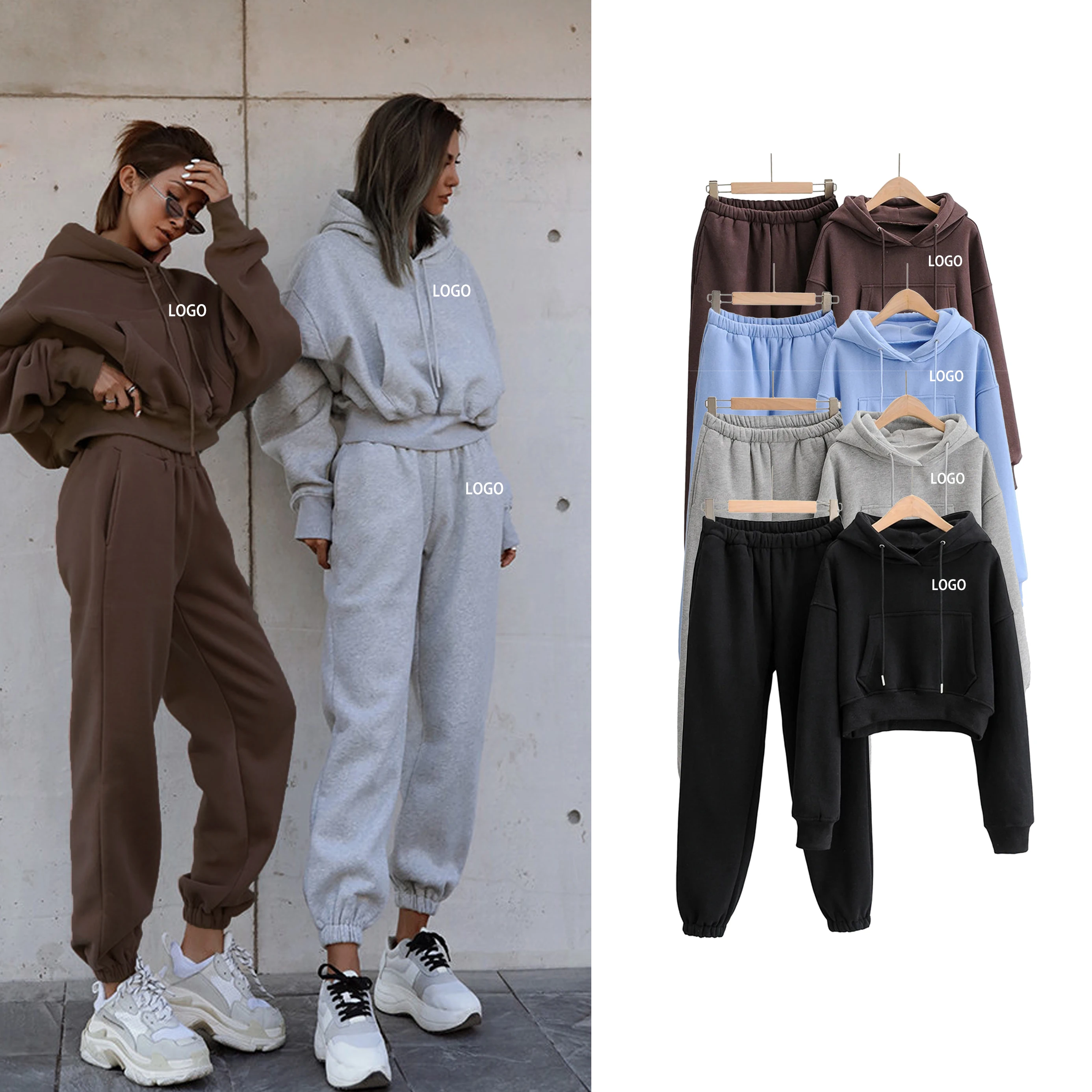 2020 Autumn Winter Jogger Jumper Gym Custom Workout Velvet 2 Piece Women Set Crop Top Oversize Hoodie Women Sweatshirt