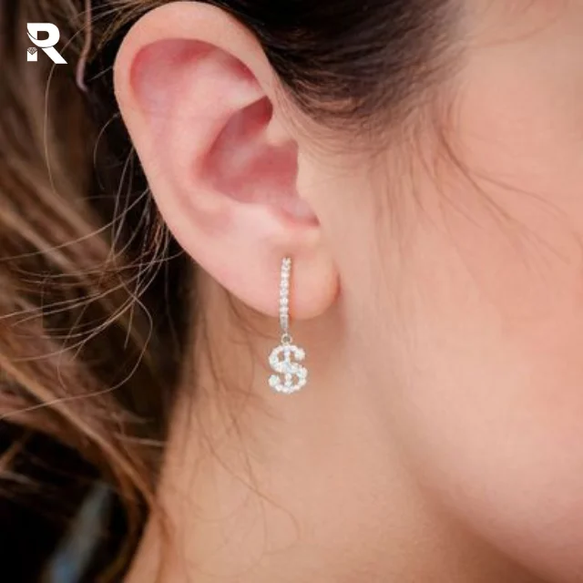 14K Gold Dangling Dollar Sign Huggie Hoop Earrings With Round Shape Diamond At Whole Sale Price