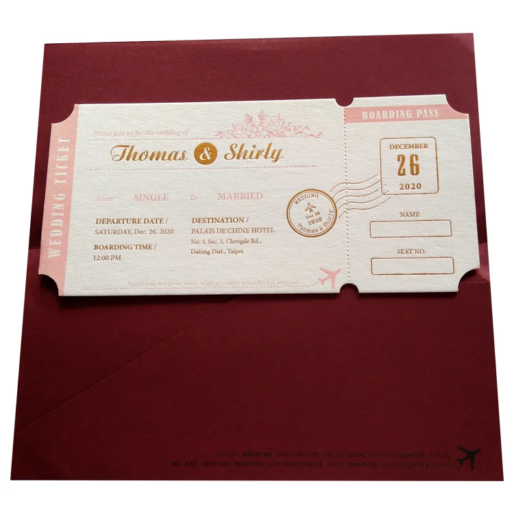 Customization High Quality Paper Sheet Pink Invitation Card Boarding Pass for Wedding Decoration Letter Decal Design Logo Print