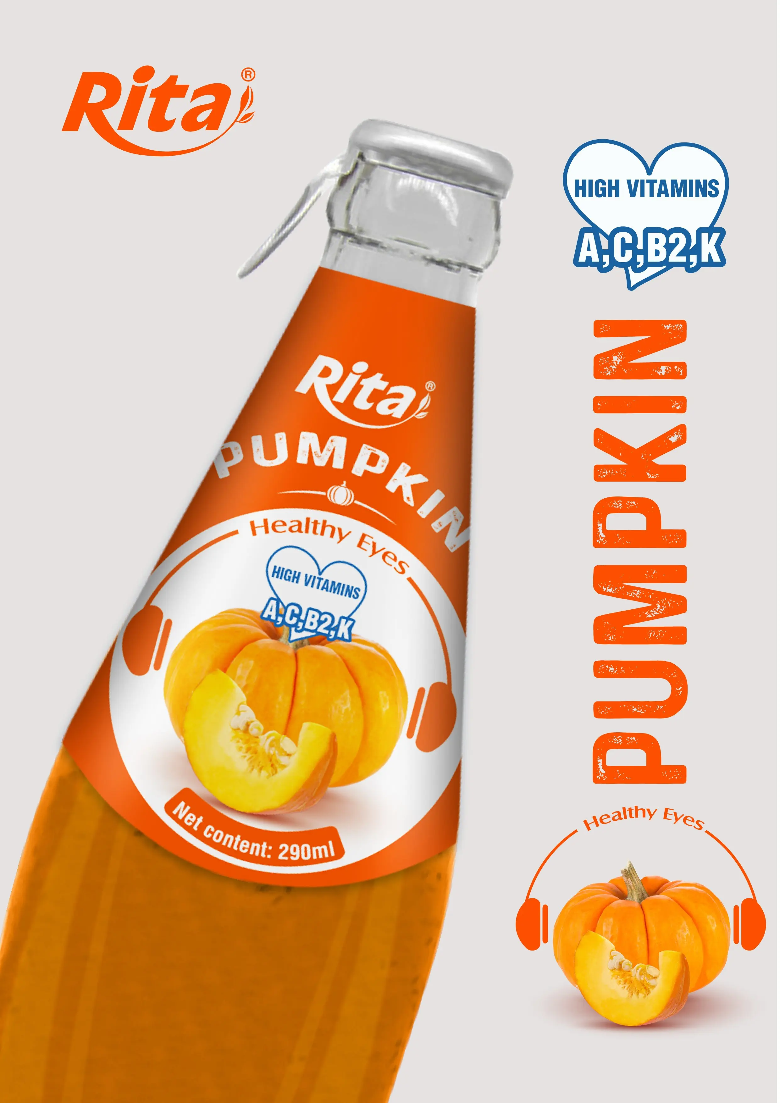 Rita Brand From Vietnam 300ml Glass Bottle Pumpkin Juice Drink Wholesaler Good Taste Good for Health Fruit and Vegetable Juice