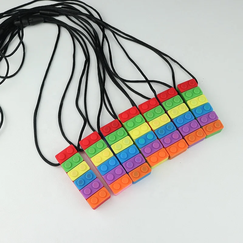 Factory Wholesale Price Custom CPC Certified Silicone Autism Building Block Teether Sensory Chew Toys Autism Chew Necklace