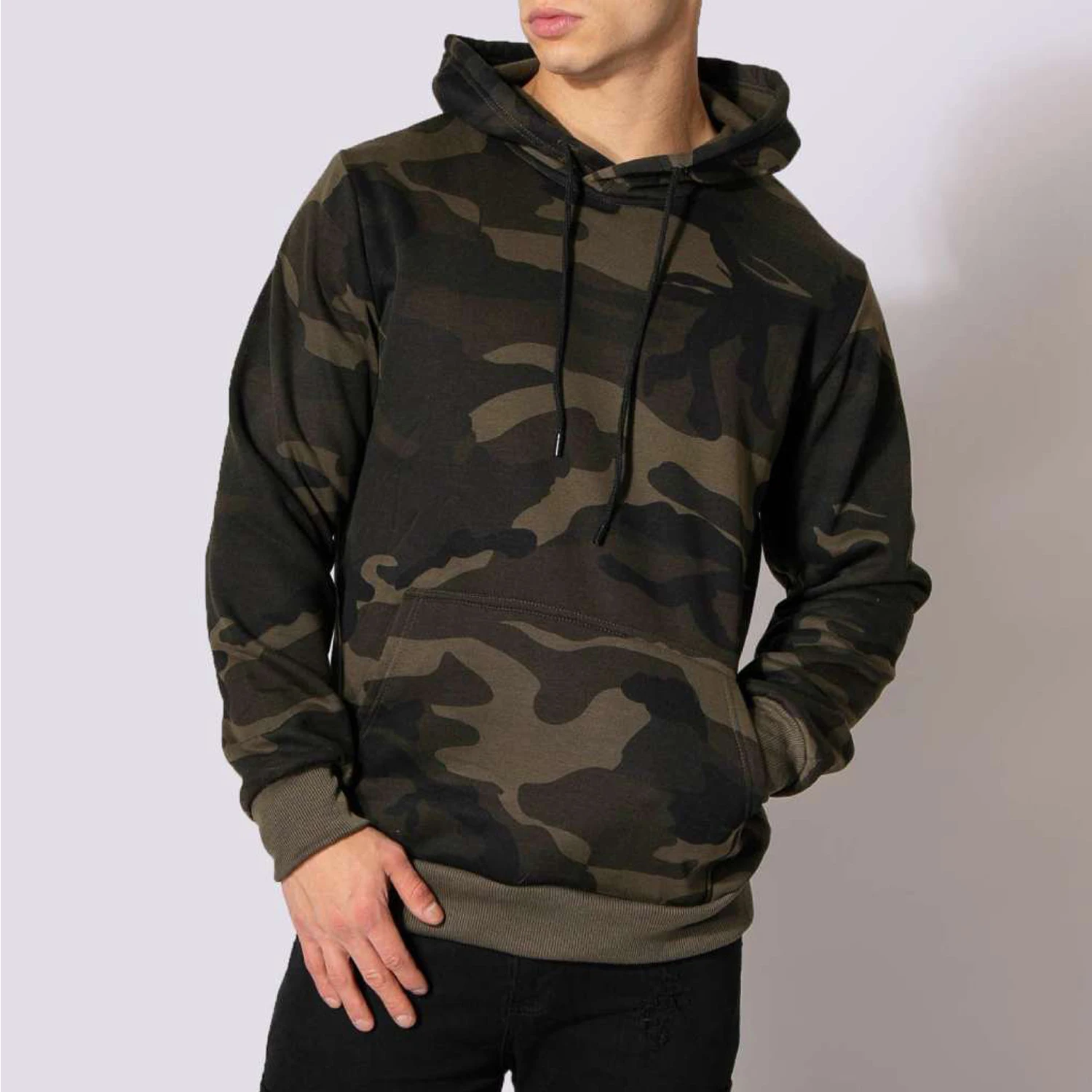 Custom Logo 100% Polyester Sportswear Popular Army Camo Pullover Drawstring Hood Kangaroo Pocket Hoodie